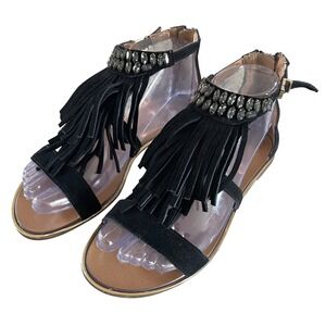 Report Signature Calin Sandals Women 6 Black Suede Fringe Crystal Boho Gladiator